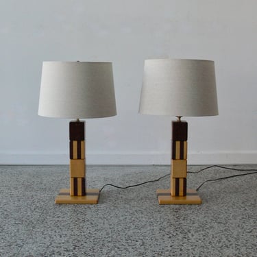 Mid Century Handmade Solid Walnut & Maple Striped Table Lamps (Set of 2) 