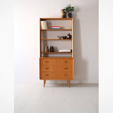 Vintage Oak Bookcase with Drawers - Retro Scandinavian Storage Unit 