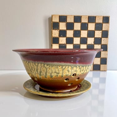 Vintage Studio Pottery Berry Bowl, Colander, or Strainer with Drip Under Plate - Handmade Hand Thrown, Red and Yellow Drip Glaze, Large 