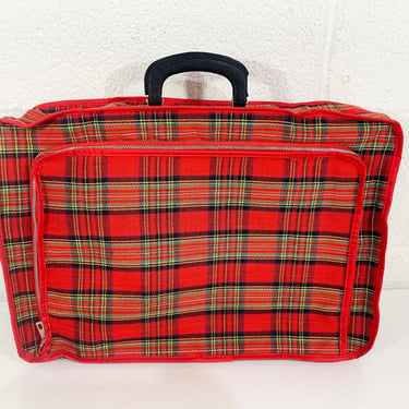 Vintage Mini Red Plaid Suitcase Soft Case Make Up Bag Makeup Overnight Luggage Travel Mod Kawaii 1970s 