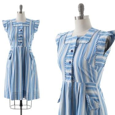 Vintage 1940s Shirt Dress | 40s Striped Cotton Blue White Fit and Flare Sundress Shirtwaist Day Dress with Pockets (small/medium) 