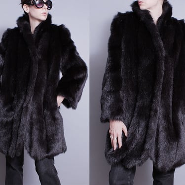Vintage | 1980's | Black | Faux Fur | Overcoat | Coat | M/L 
