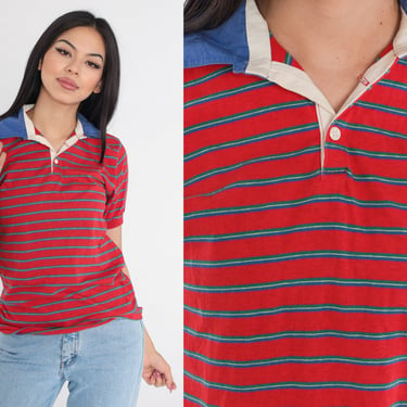 Striped Polo Shirt 80s Collared T-Shirt Red Blue Half Button Up Short Sleeve TShirt Retro Preppy Collar Streetwear Top Vintage 1980s Small S 
