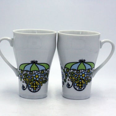 vintage Flower Cart Coffee Mugs Set of Two 