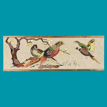 Vintage Gravel Art 1960s Retro Size 36x13 Mid Century Modern + Three Birds + Pheasant + Mosaic + Handmade + Glued Stones + MCM Wall Art 
