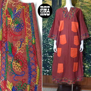 Unique Vintage 70s Reddish Brown Soft Cotton Hippie Dress with Rainbow Embroidery and Crazy Pockets 