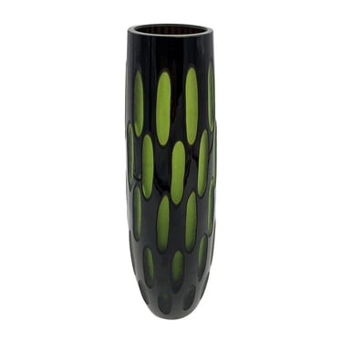 Mid Century Tall Green Cut Murano Cased Glass Vase 
