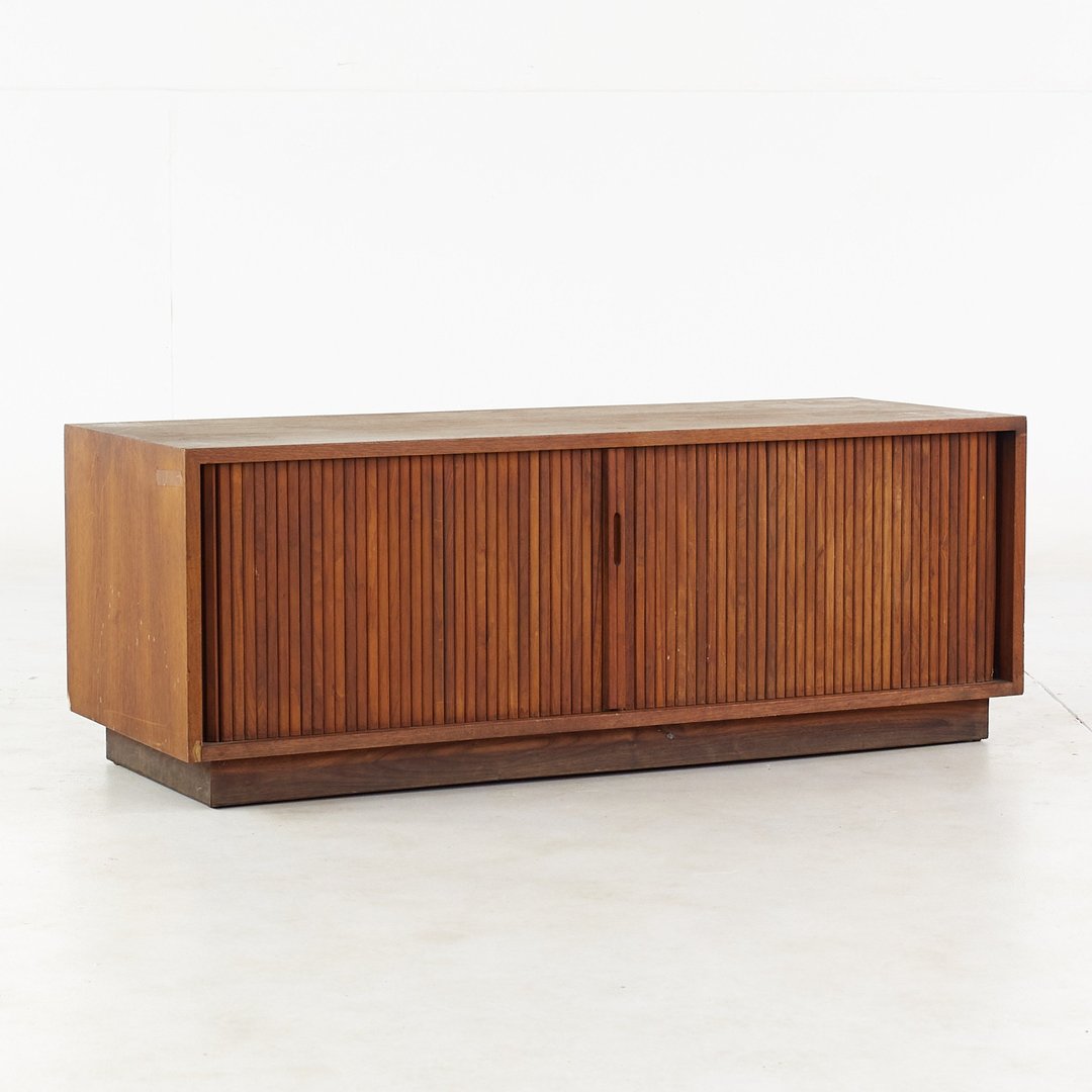 Mid Century Teak Tambour Door Bench Record Credenza Modern