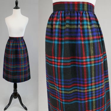 70s 80s Plaid Skirt - Black Red Yellow Turquoise Blue - Wool Blend - Vintage 1970s 1980s - 24