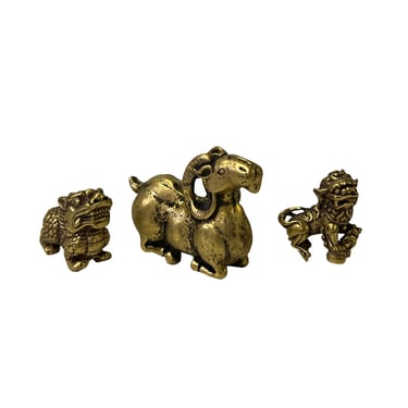 Set of 3 Chinese Copper Color Metal Ram Dragon Lion Fengshui Figures ws2417E 