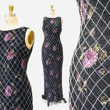 Vintage 90s 00 Y2K Bias Cut Silk Dress Black Purple Beaded Floral Print Bias Cut Tank Prom Party Dress Medium Black Silk Beaded Dress Stenay 