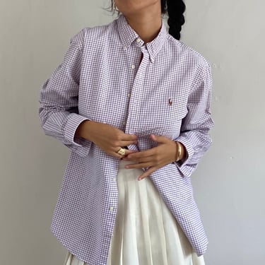 90s Ralph Lauren shirt / vintage white blue checkered grid cotton oxford cloth button down oversized boyfriend menswear collared shirt | L 