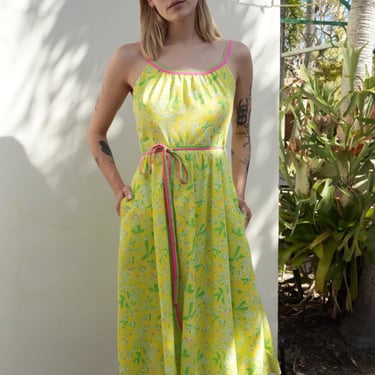 Vintage Wrap Dress / 1970's Lilly Pulitzer Cotton Midi Dress / Bright Watercolor Floral Lilly Print / Green Yellow Pink 