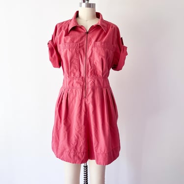 SIZE 12 / L Retro Cotton Playsuit Romper Coral / Orange Coral Vacation Jumpsuit / Zip Front Elastic Waist Preppy Utility Anthropologie 
