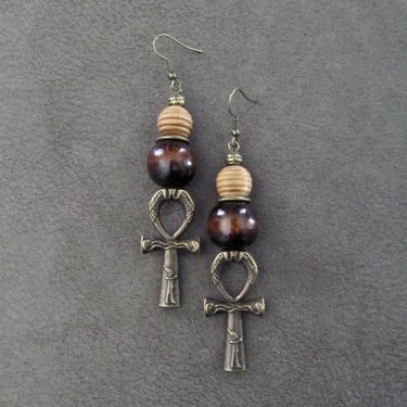 Ankh earrings bronze, Egyptian African earrings, fertility symbol, wooden 