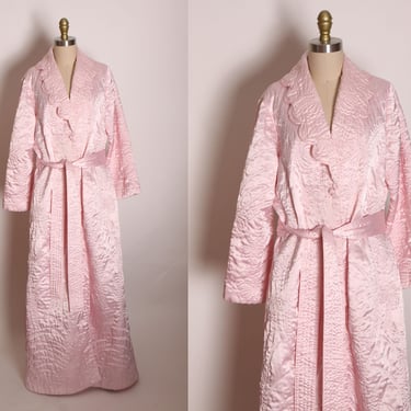 1960s Light Pink Satin Polyester Quilted Floral Pattern Full Length Long Sleeve Robe -M 