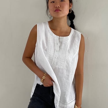 90s linen blouse / vintage white linen pullover sleeveless blouse / pin tuck henley button front crewneck oversized tunic blouse | XL 