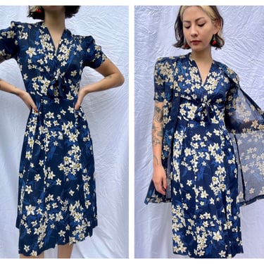 1930s Silk Chiffon Dress / Navy Blue with White Flowers Dress with Long Jacket / Ethereal Dress / Thirties Garden Party Dress 