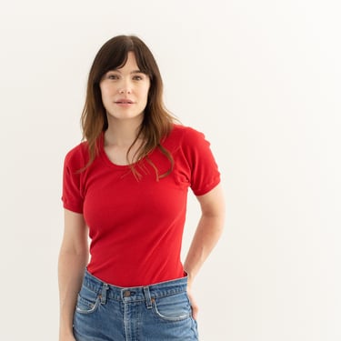 The Berlin Tee in Tomato Red | Vintage Ribbed Tee T Shirt | Rib Knit Tee | 100% Cotton | XS S 