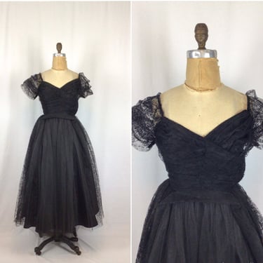 Vintage 50s Dress | Vintage black tulle party dress | 1950s black net fit and flare  cocktail dress 