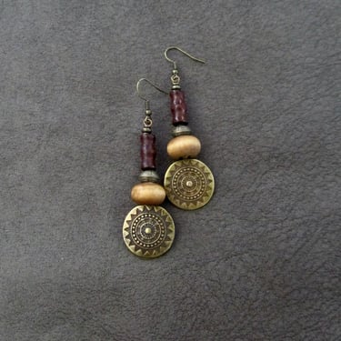 Earth tone wooden earrings, mandala earrings, bold earrings, statement earrings, ethnic earrings, rustic natural earrings, etched bronze 2 