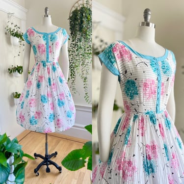 Vintage 1950s Dress | 50s Hydrangea Floral Printed Sheer Cotton White Pink Blue Fit and Flare Full Skirt Summer Day Dress (medium) 