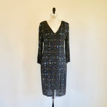Vintage 1990's Black Silk Iridescent Bead and Sequin Evening Dress Long Sleeves V Neckline 90's Party Dress Formal Cocktail Ice Size Medium 