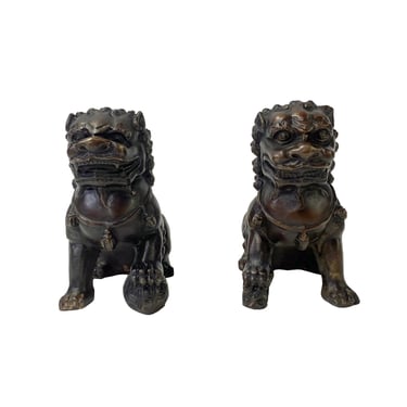 Pair Chinese Oriental Brown Color Metal Fengshui Foo Dog Figures ws2493E 