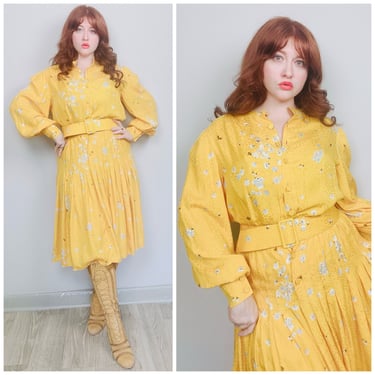 1980s Vintage Adele Simpson Mustard Yellow Silk Dress / 80s Blouson Sleeve Belted Fit and Flare Dress / Size XL 