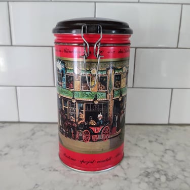 Vintage German Dallmayr Coffee Tin Canister with Victorian Town Scene 