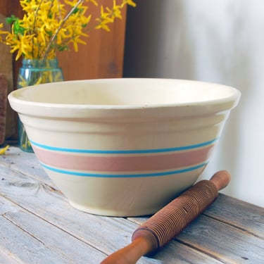 Vintage McCoy mixing bowl / antique Yellowware 12" bowl / rustic farmhouse kitchen decor / antique stoneware pink stripe mixing bowl 