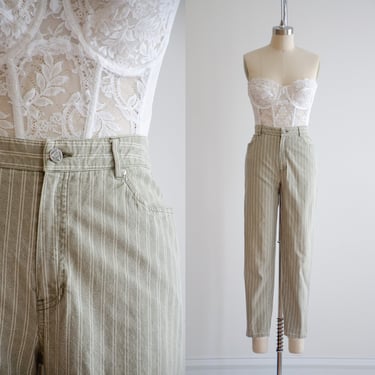 high waisted pants 80s 90s vintage Liz Claiborne sage green white striped ankle jeans 