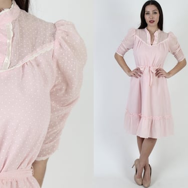 Pink Polka Swiss Dot Dress / Vintage 70s Romantic Country Youthful Dress / Pretty Full Skirt Short Mini Dress S 