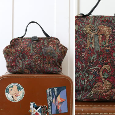 vintage medieval print tapestry purse • handmade 1990s doctors bag top handle handbag 