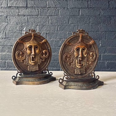 Pair of Antique Art Deco Bronze Theatrical Mask Bookends by Bruno Bach, c.1920’s 