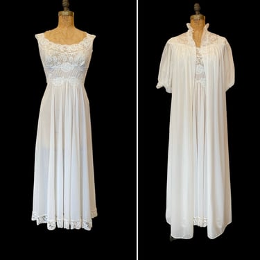 1950s peignoir set, white chiffon and lace, vintage lingerie, vanity fair, nightgown and robe, size small, mrs maisel style, honeymoon bride 