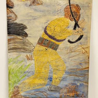 Wilbur T. Bruce Painting on Cardboard - African American Outsider Art - Nautical Sea Diver - 1970s - 28" x 22" - Rare Vintage Brute Artwork 