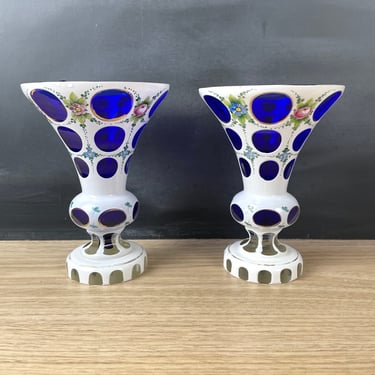 Bohemian cased cut white to cobalt glass vase pair - vintage glass decor 