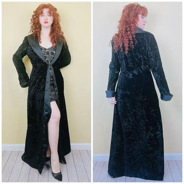 1990s Vintage Dave and Johnny Crushed Velvet Duster / 90s Satin Lapel Goth Trench Coat / Size Large - XL 