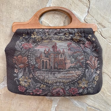 Vintage Tapestry Purse Wood Handle Princess Castle Handmade Mystical Forest Bag 