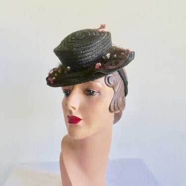 1940's Black Straw Tilt Topper Toy Hat with Pink silk Rose and Flowers veil Back Bow Head Holder WW2 Era 40's Millinery New York Creation 