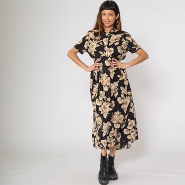 Vintage Floral Grunge Dress 90s Black Beige Button Up Dress Boho Midi 1990s High Waist Short Sleeve Medium M 