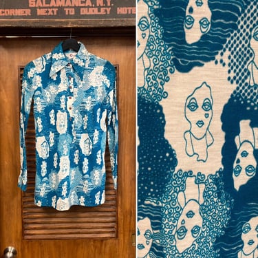 Vintage 1960’s Hippie Mod Cartoon Faces Pop Art Knit Pullover Shirt Top, 60’s Disco, Vintage Clothing 