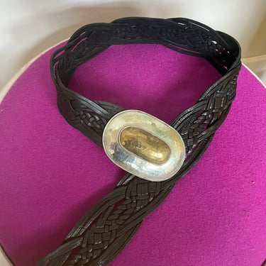 VTG Chicos Black Leather Braded Belt with Oversized Silver/Brass Buckle 