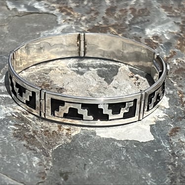 Vintage Mexico Sterling Silver and Oxidized Black Wide Link Bracelet 
