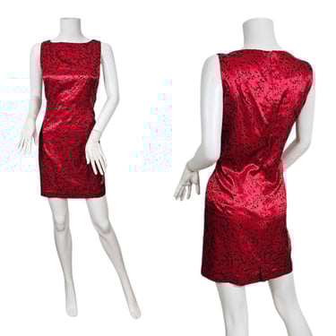 Dani Max 1990s Red Satin Chinese Flowers Flocked Velvet Slip Dress I Sz Med 