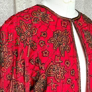 Sequin Beaded Jacket Blazer, Red Black Gold, Silk Top, Papell Boutique, Vintage 90s 00s 