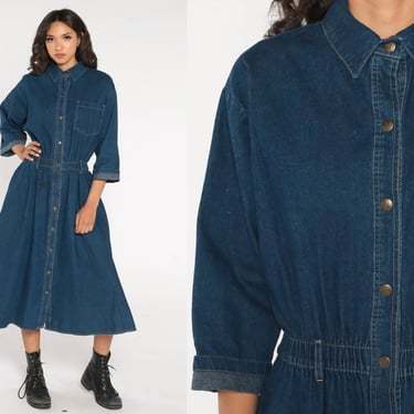 Denim Midi Dress 90s Dark Blue Jean Shirtdress Snap Up High Waisted Collared Retro Long Sleeve Pocket Casual Day Dress Vintage 1990s Large L 