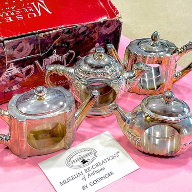 VINTAGE: 6pc Set - 1994 Godinger Silver Plated Teapot Napkin Rings in Box - Cottage Style, Silver Plated Napkin Rings 