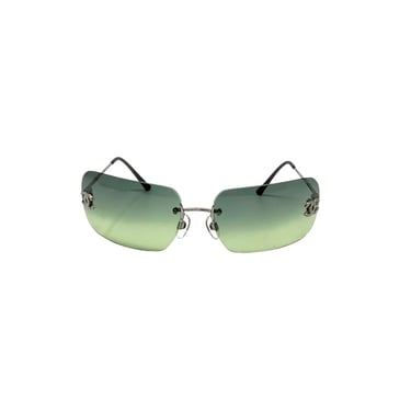 Chanel Lime Green Rhinestone Rimless Logo Sunglasses
